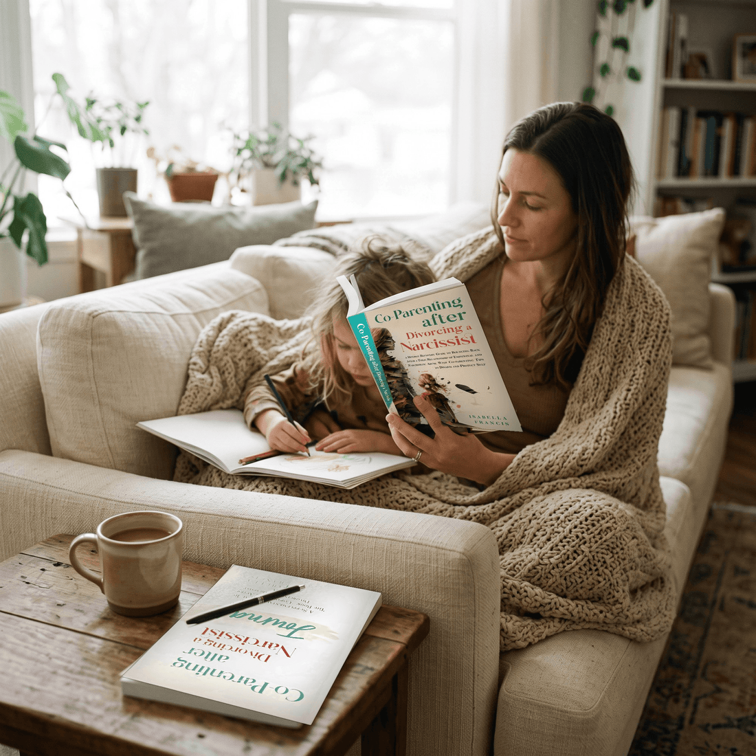 A mother reading the book on the couch while her daughter colors beside her