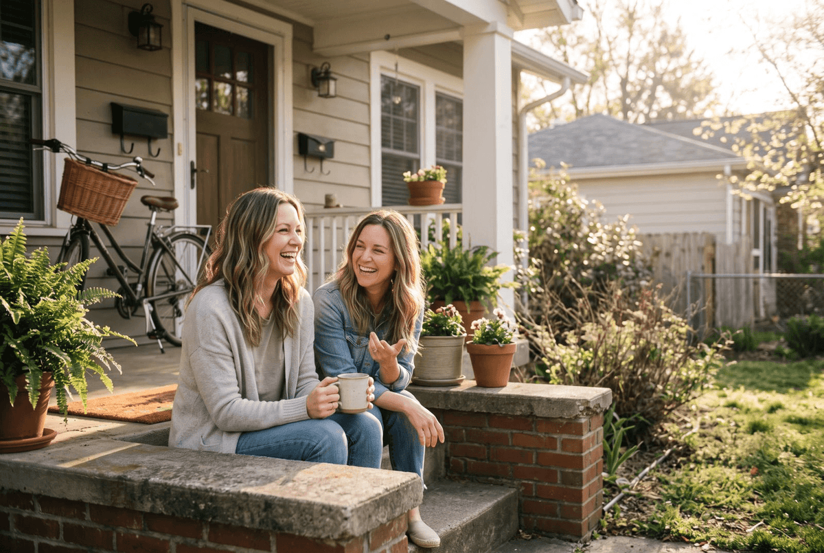 The same woman laughing with a friend on a sunny porch, coffee in hand