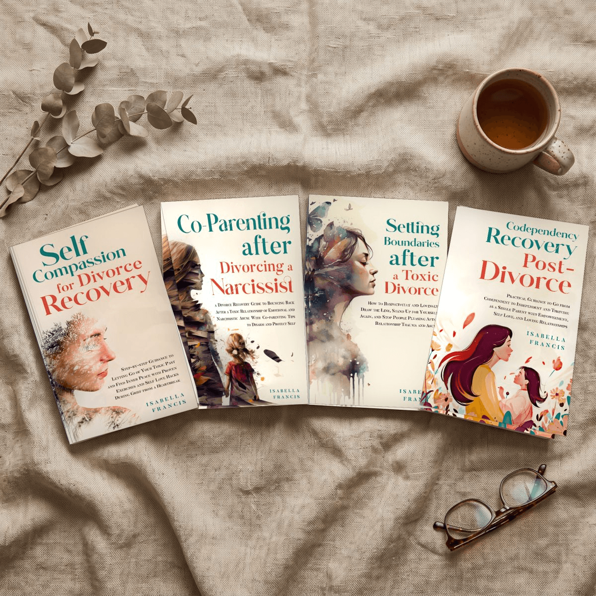 All four Isabella Francis books laid out on linen