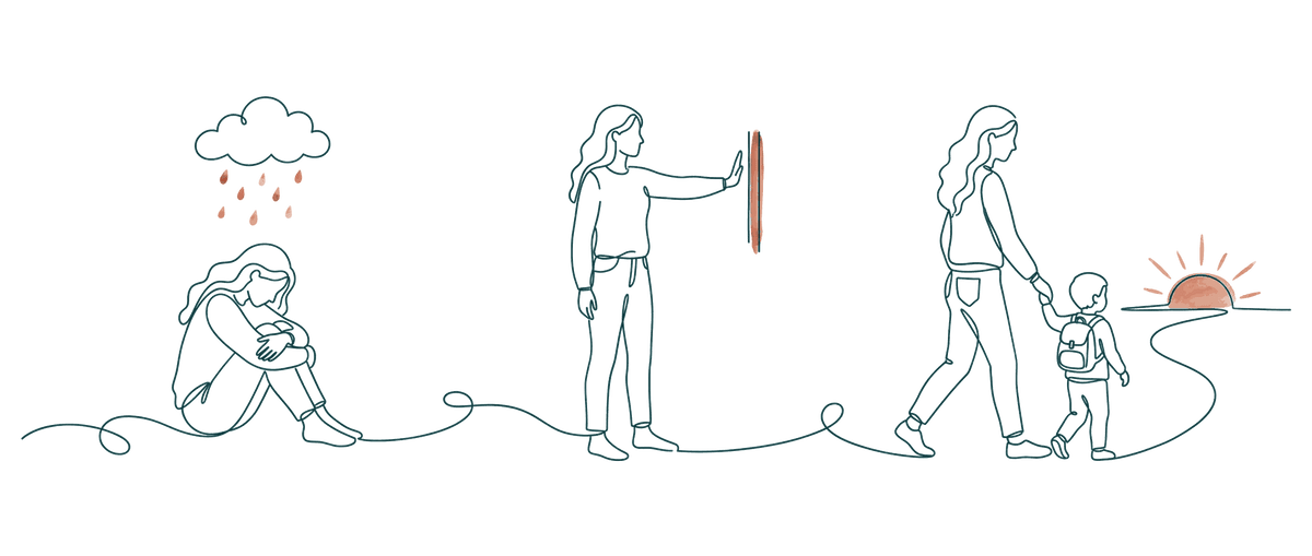 Line drawing of one woman in three moments: sitting with her head bowed, standing with her hand raised at a small gate, walking forward holding a child's hand