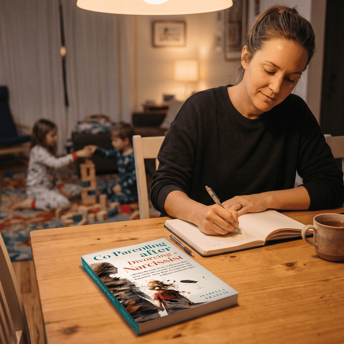 A mother writes in the companion journal at the kitchen table at night, the Co-Parenting book beside her, kids playing behind